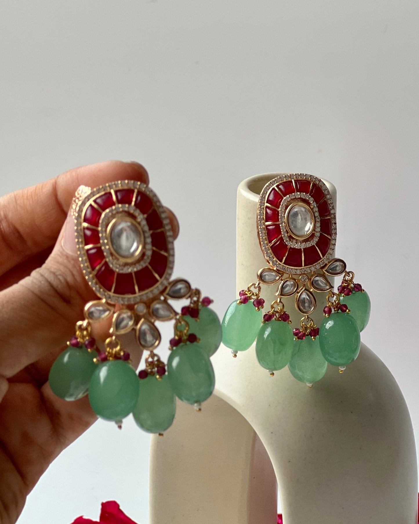 Ameera Ruby Stone Earrings with Emerald Drops