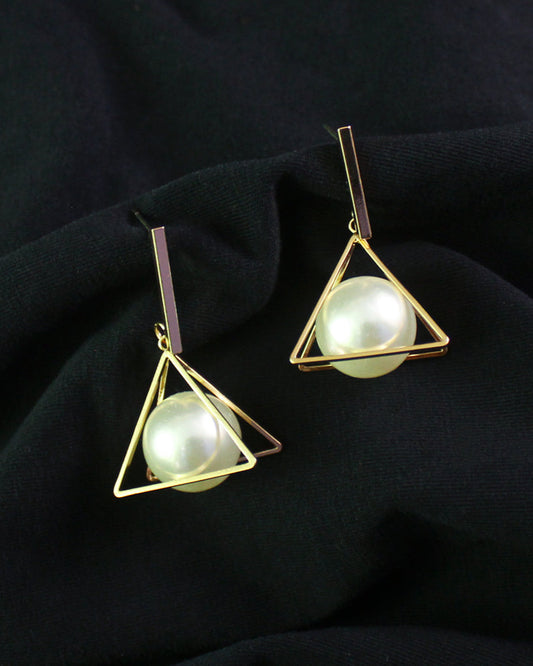 Geometric Pearl Embedded Triangle Shaped Earrings