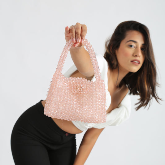 Khloé 10" Pink Crystal Beaded Bag (WITH SILVER SLING)