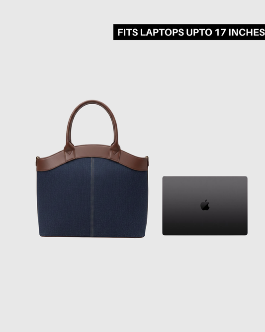 Laptop Tote Bag With Trolley Sleeve - (Denim X Choco Brown)