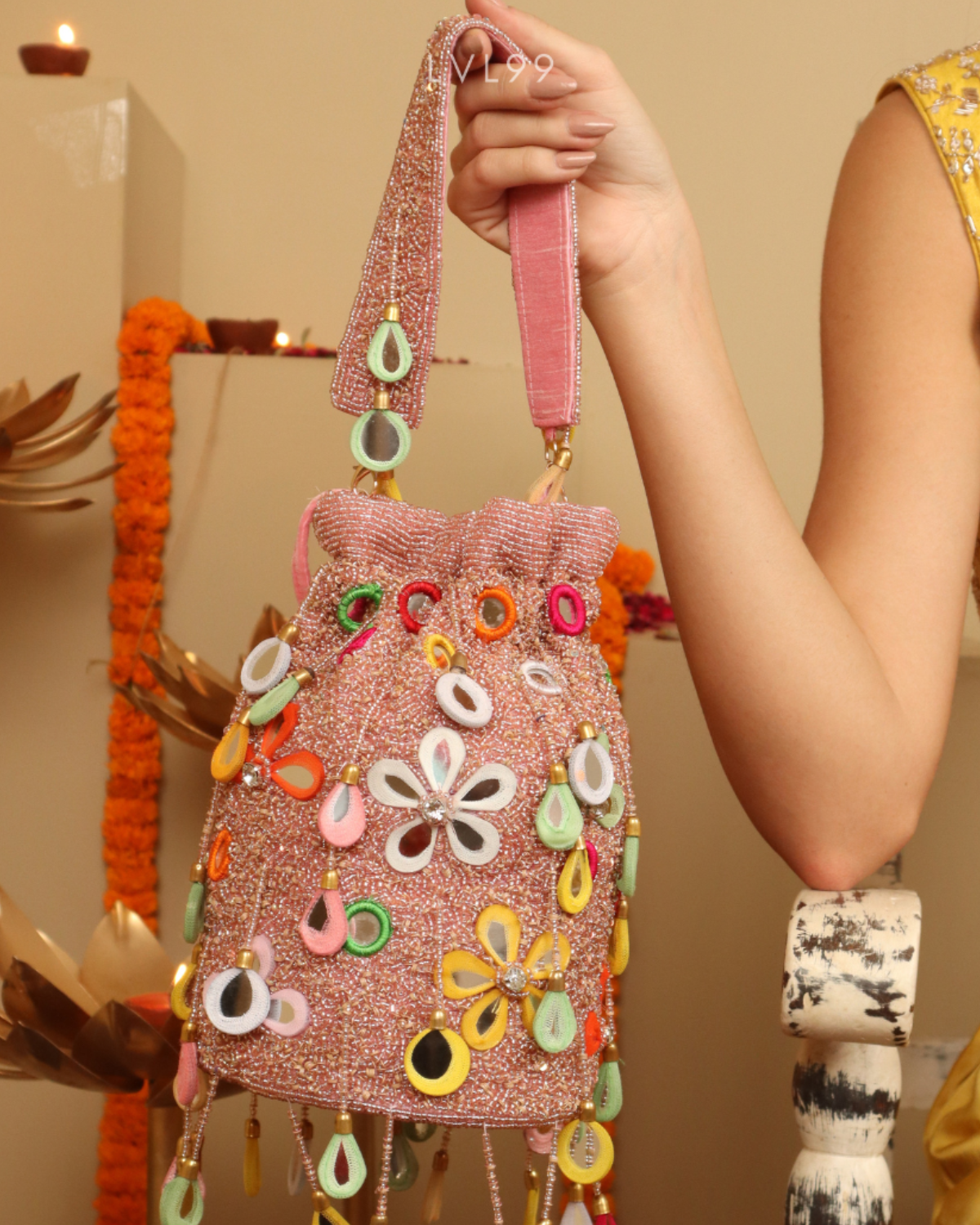 Haseen Pink&Gold Ethnic Mirror Potli