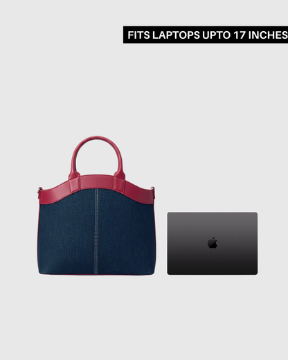 Laptop Tote Bag With Trolley Sleeve- (Denim X Cherry Red)