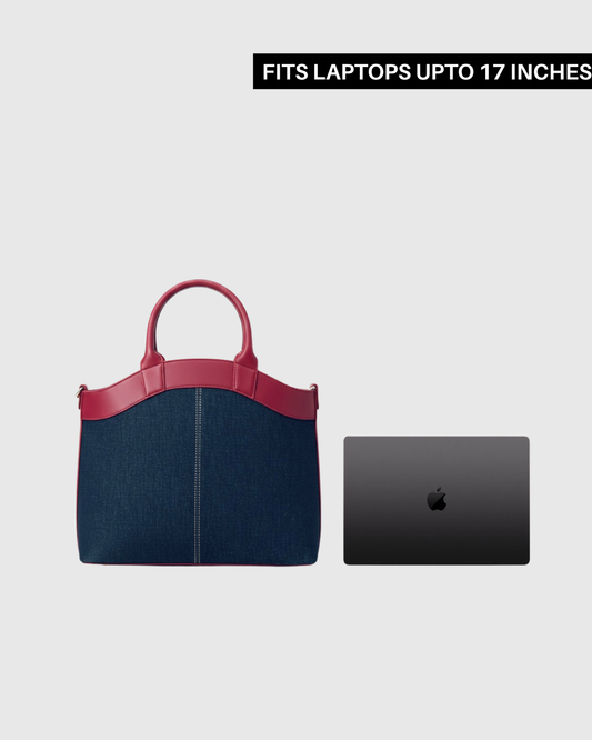 Laptop Tote Bag With Trolley Sleeve- (Denim X Cherry Red)