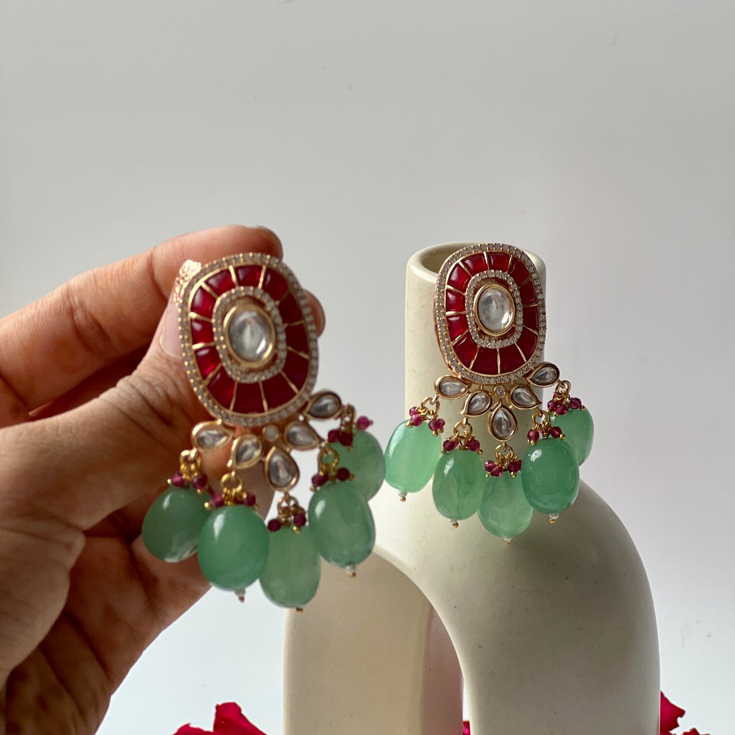 Ameera Ruby Stone Earrings with Emerald Drops