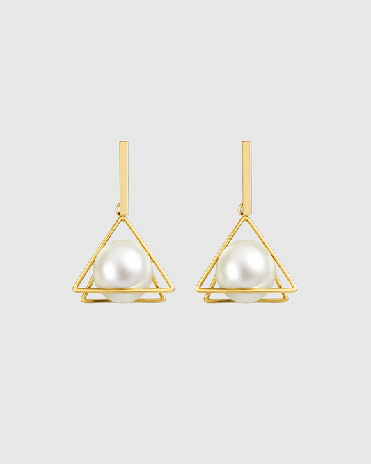 Geometric Pearl Embedded Triangle Shaped Earrings