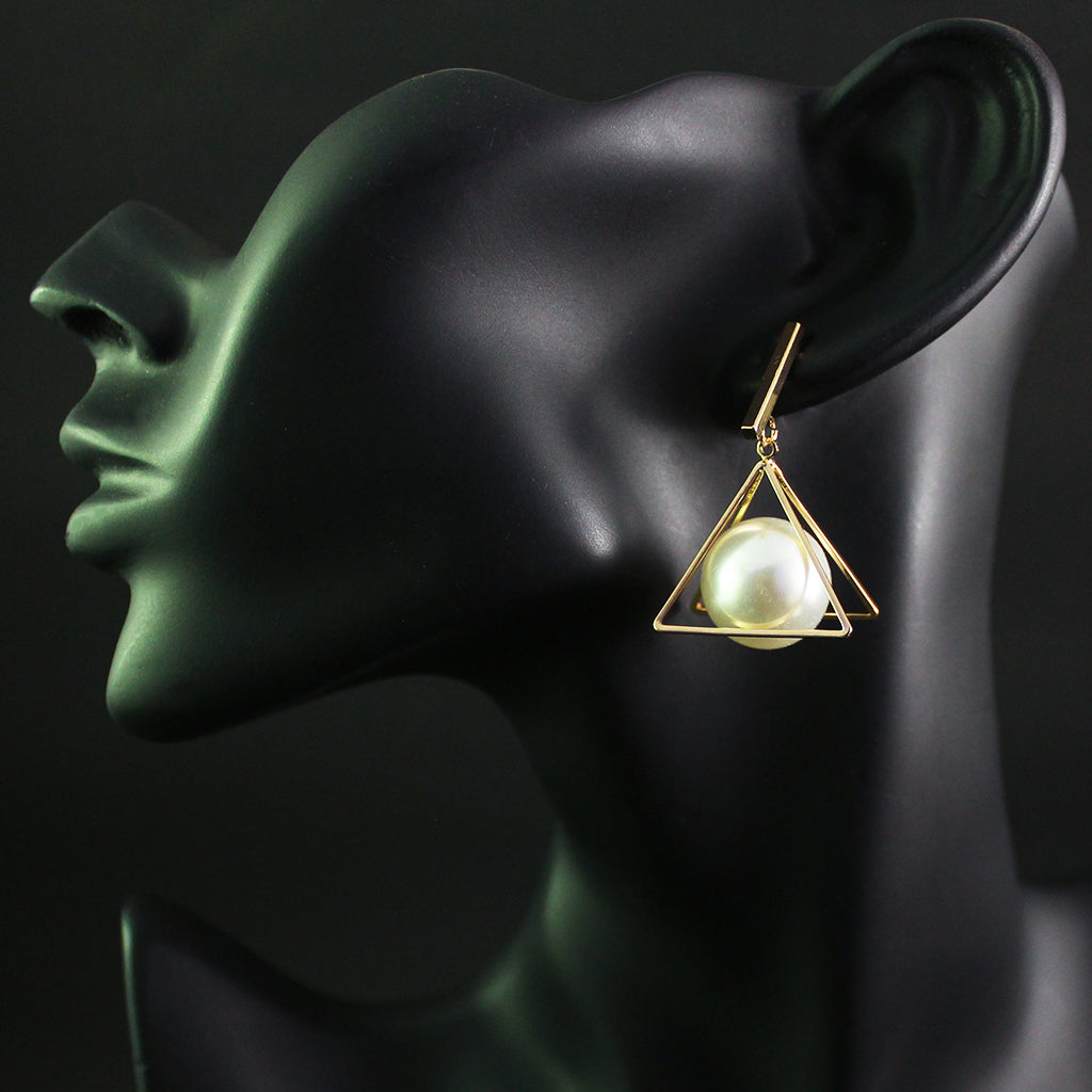 Geometric Pearl Embedded Triangle Shaped Earrings