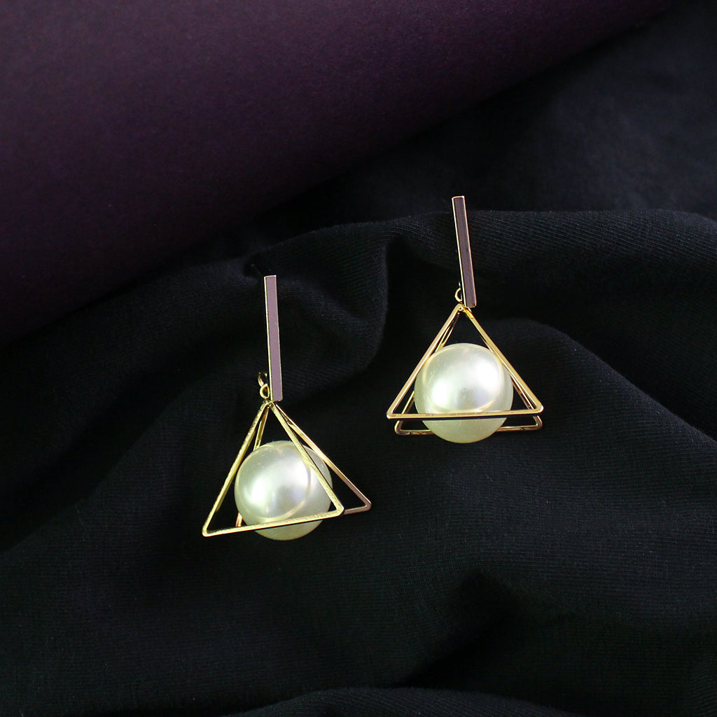 Geometric Pearl Embedded Triangle Shaped Earrings