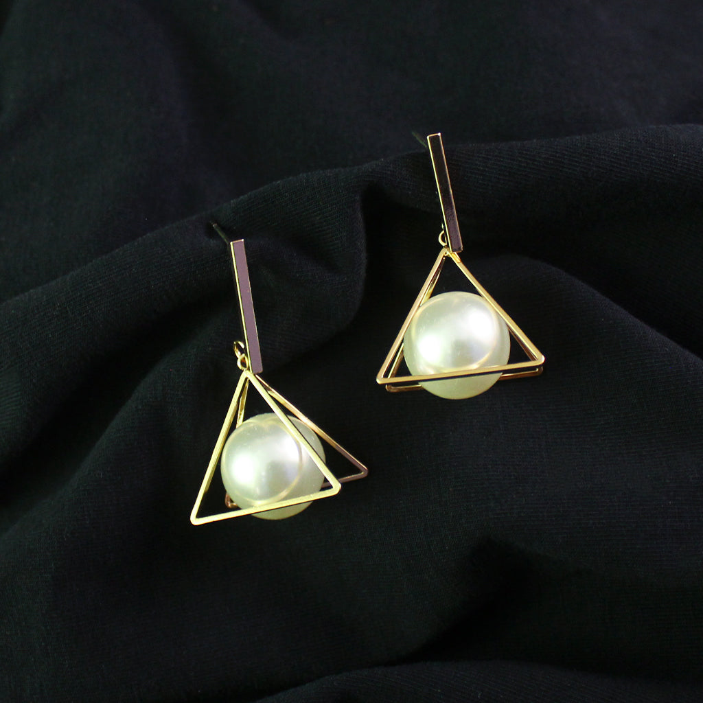 Geometric Pearl Embedded Triangle Shaped Earrings