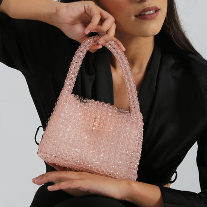 Khloé 10" Pink Crystal Beaded Bag (WITH SILVER SLING)